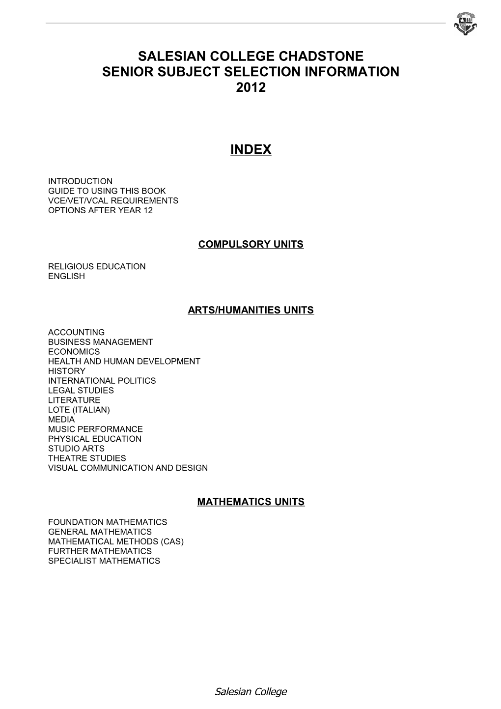 Senior Subject Selection Information