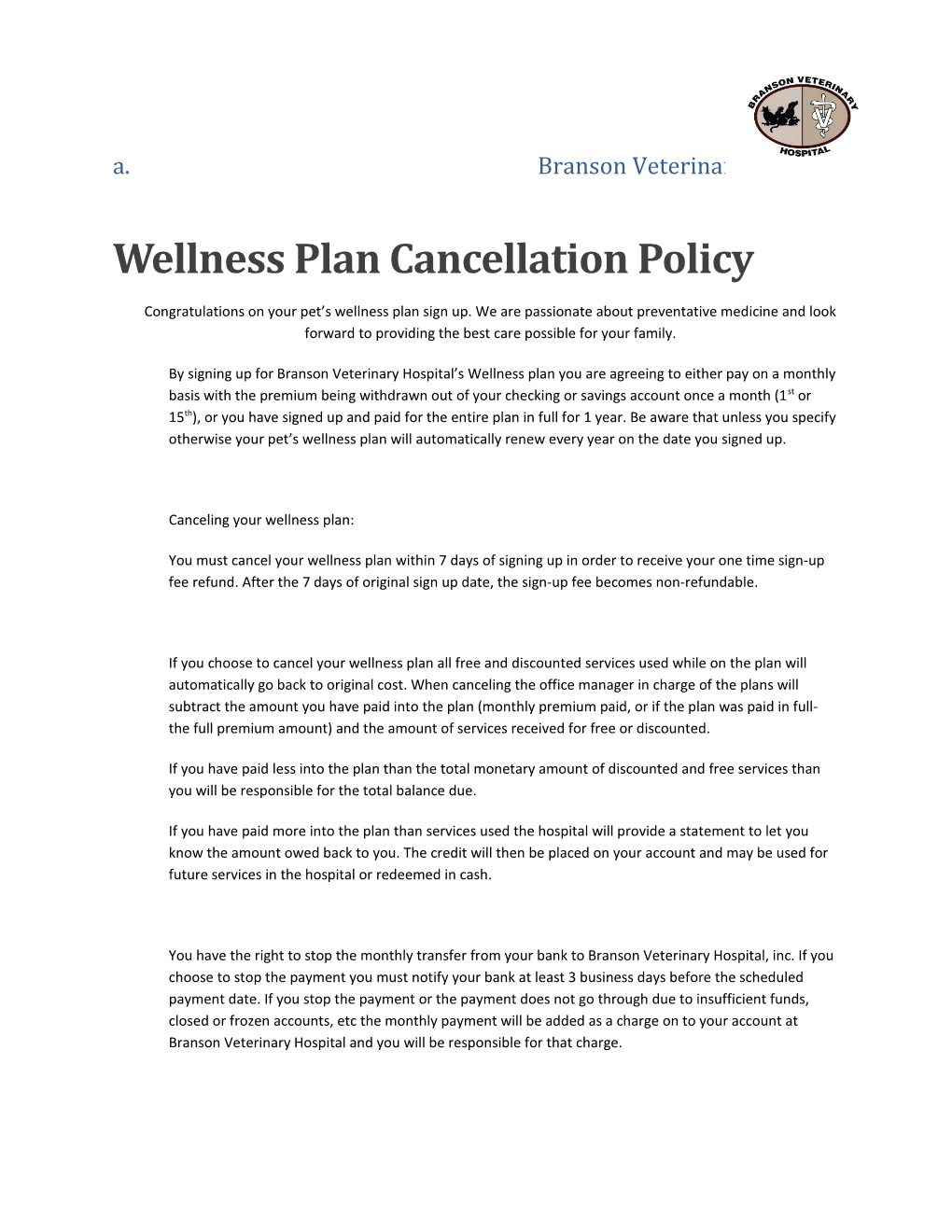 Wellness Plan Cancellation Policy