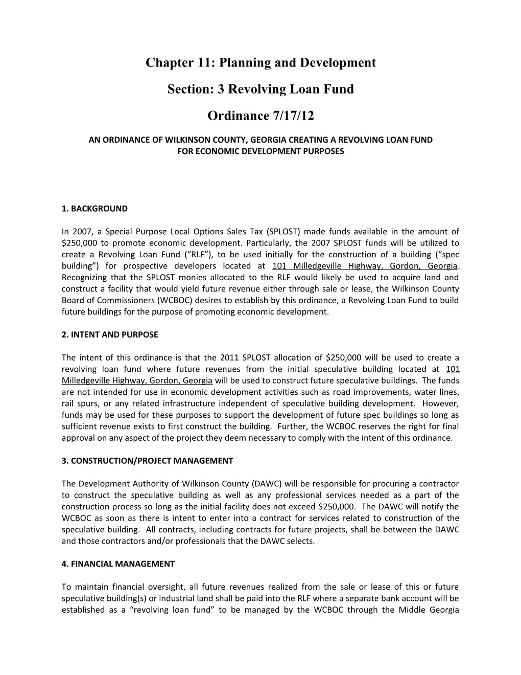 An Ordinance of Wilkinson County, Georgia Creating a Revolving Loan Fund