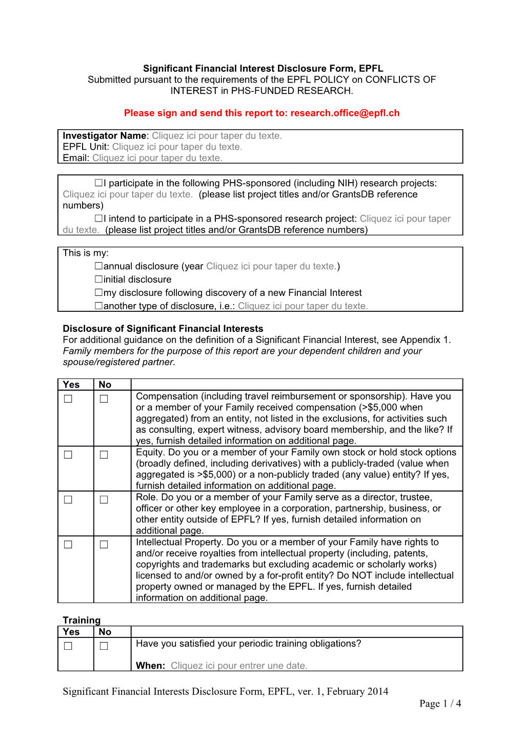 Significant Financial Interest Disclosure Form, EPFL