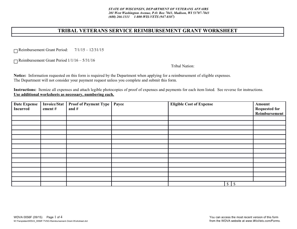 WDVA 0056F - TVSO Reimbursement Grant Worksheet