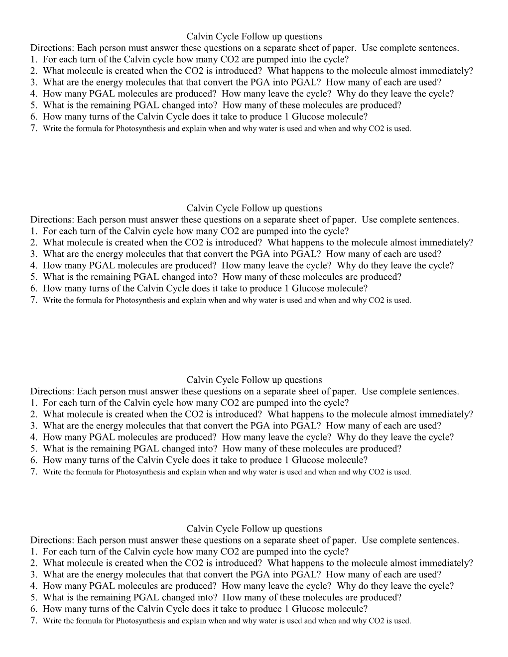 Calvin Cycle Follow up Questions