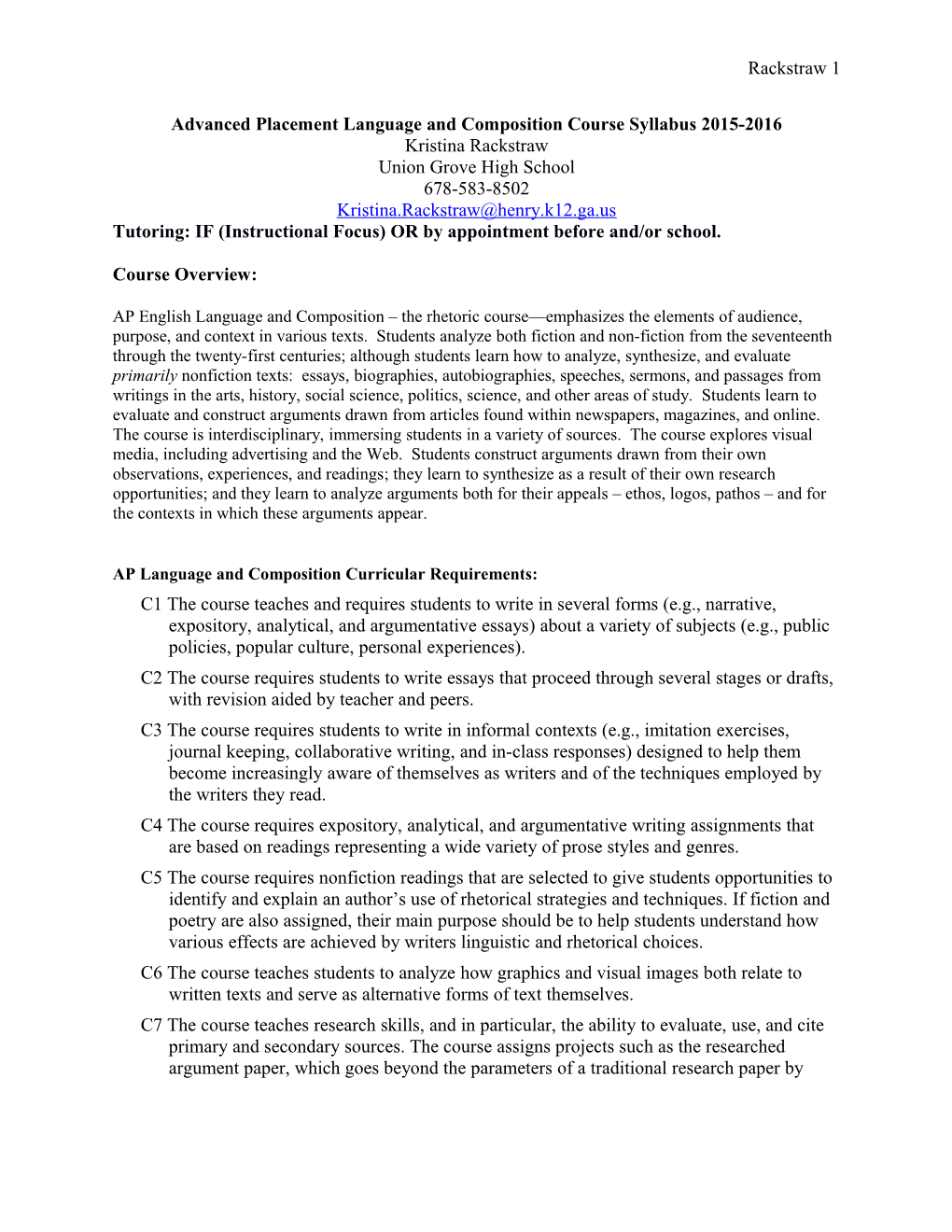 Advanced Placement Language and Composition Course Syllabus 2015-2016