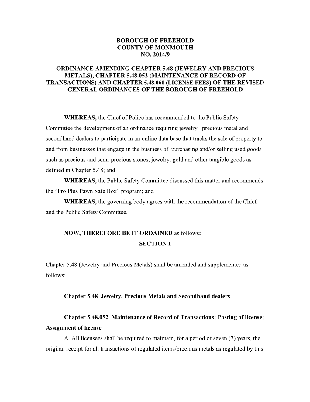 Ordinance Amending Chapter 10 (Vehicles and Traffic), Section 10