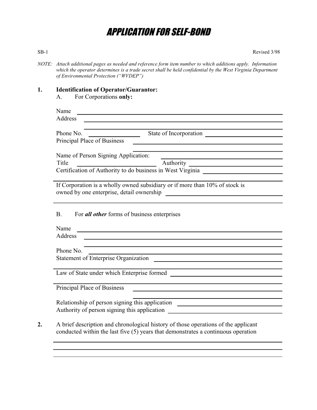 Instructions for Completing Initial Self-Bond Application