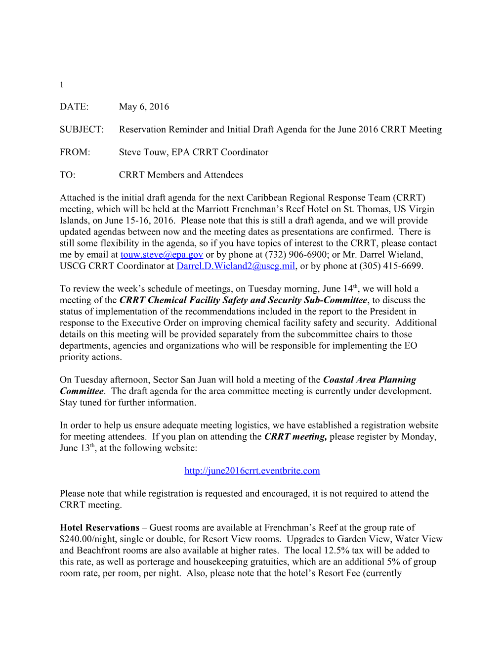 SUBJECT:Reservation Reminder and Initialdraft Agenda for the June 2016 CRRT Meeting