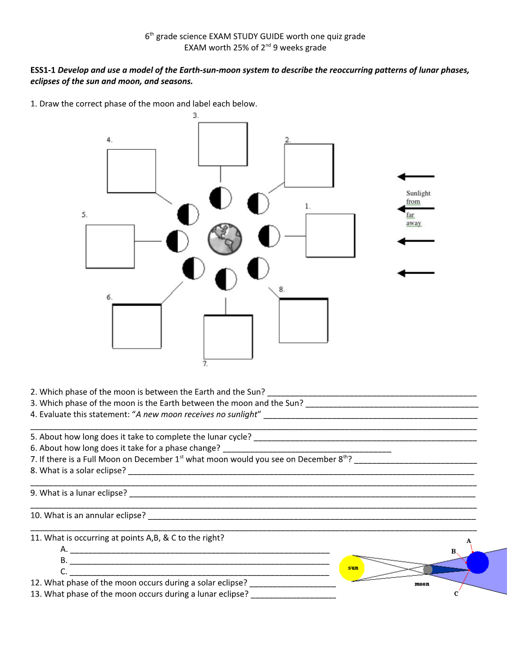 6Th Grade Science EXAM STUDY GUIDE Worth One Quiz Grade