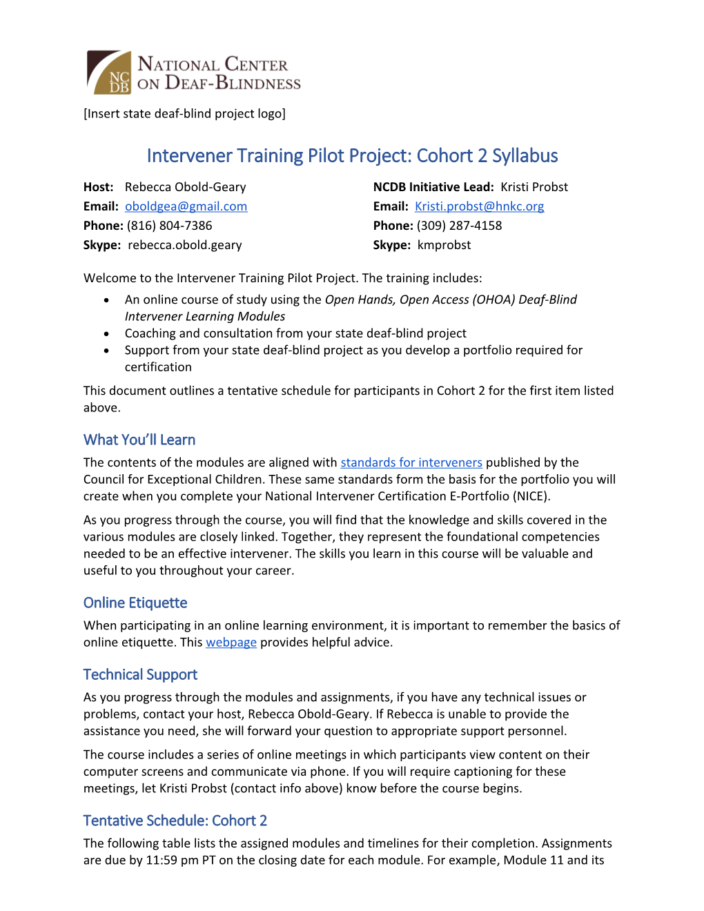 Intervener Training Pilot Project: Cohort 2 Syllabus