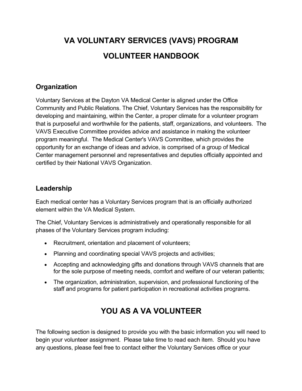 Va Voluntary Services (Vavs) Program