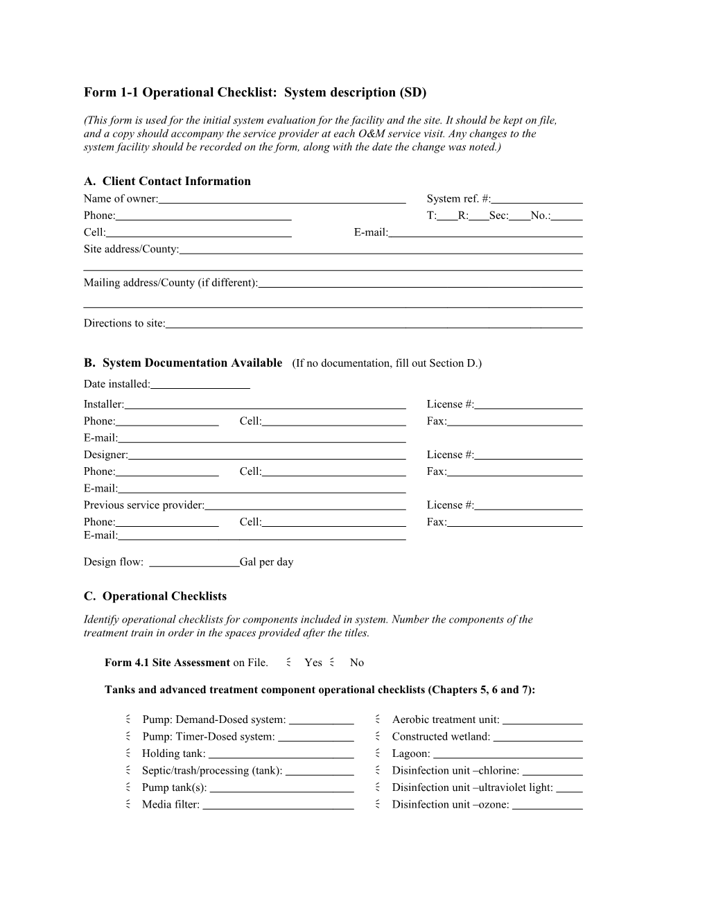 Form 1-1 Operational Checklist: System Description (SD)