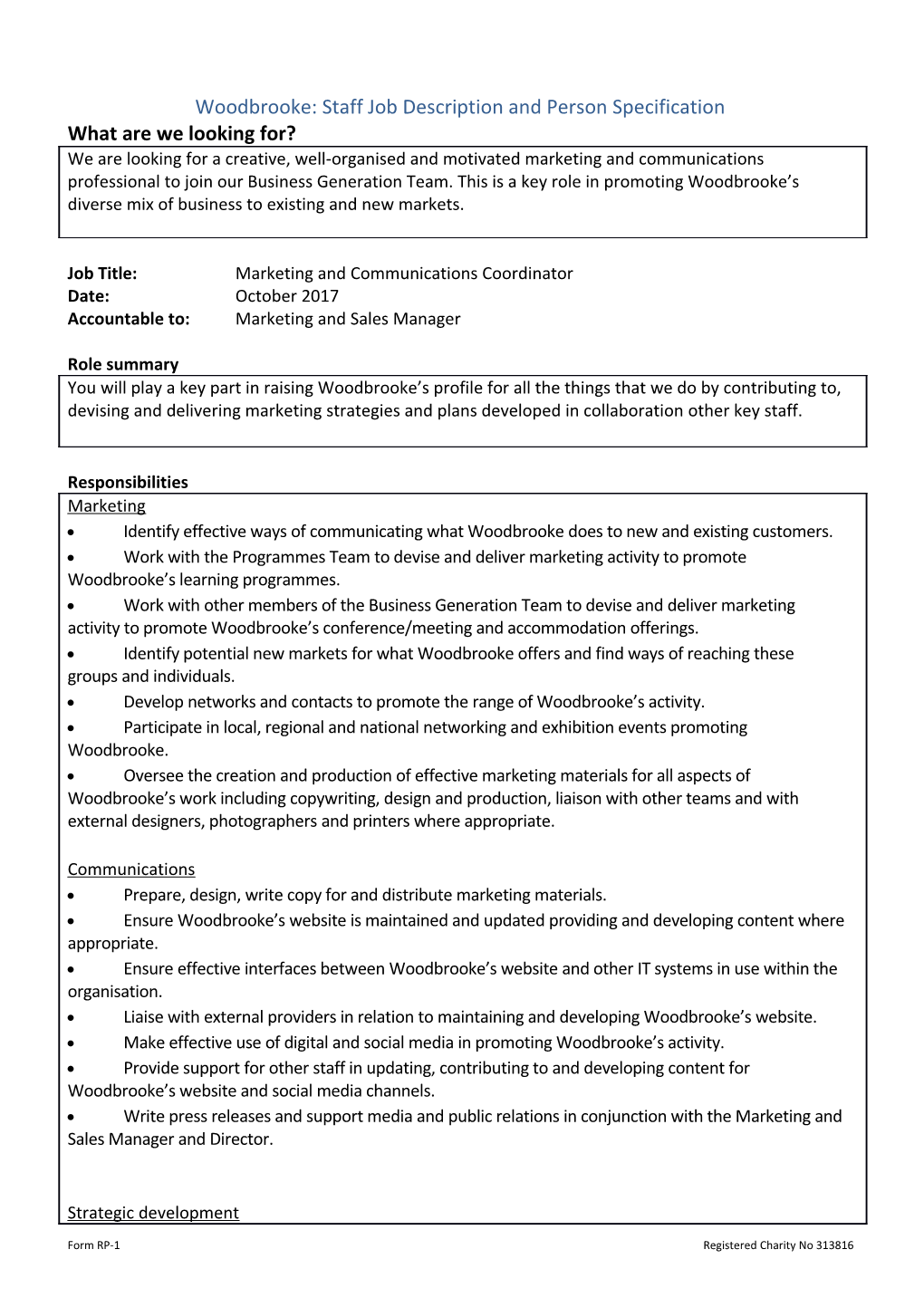 Woodbrooke: Staff Job Description and Person Specification