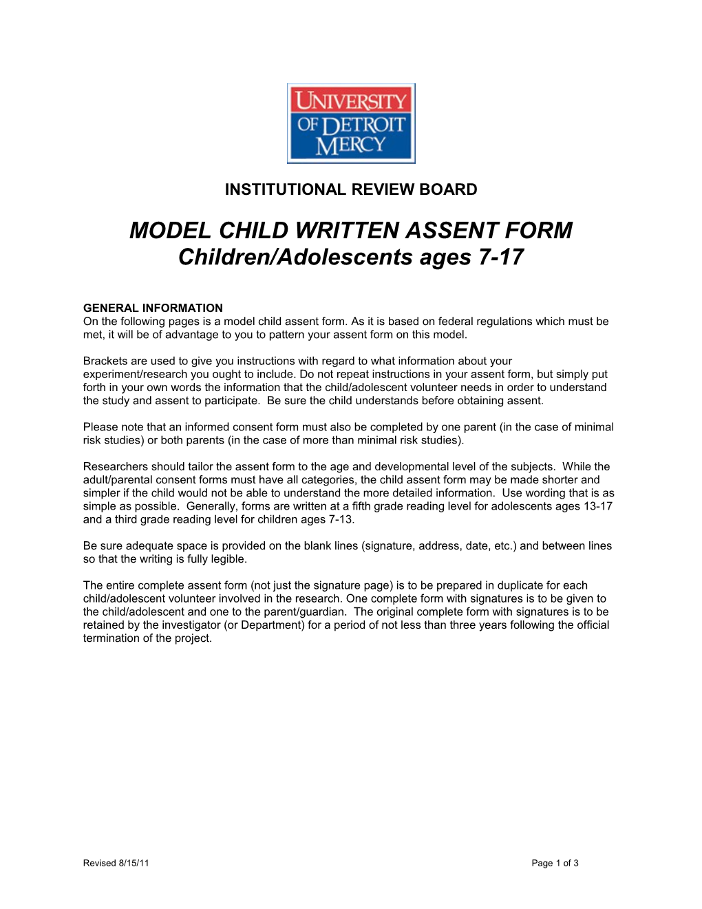 Modelchild Written Assent Form