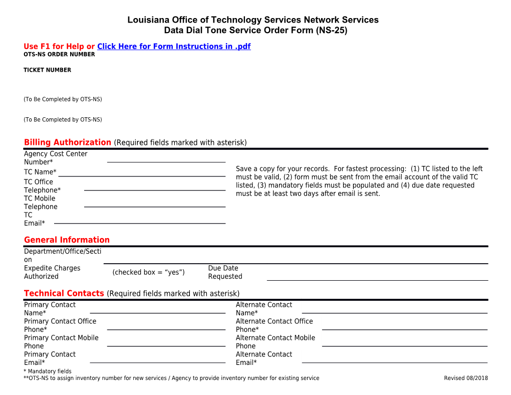 Data Dial Tone Order Form