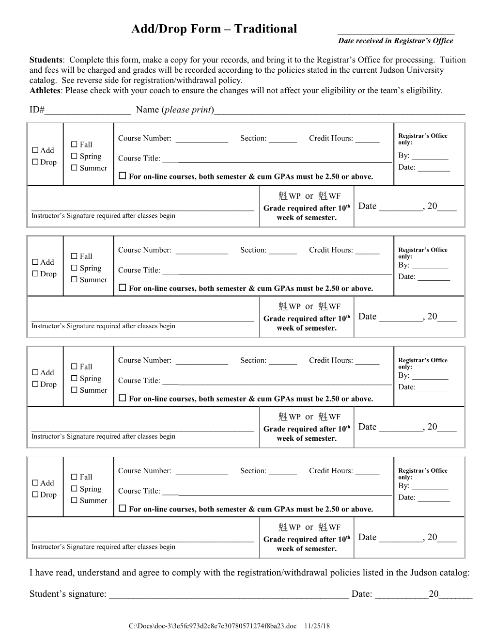 Judson College Traditional Add/Drop Form