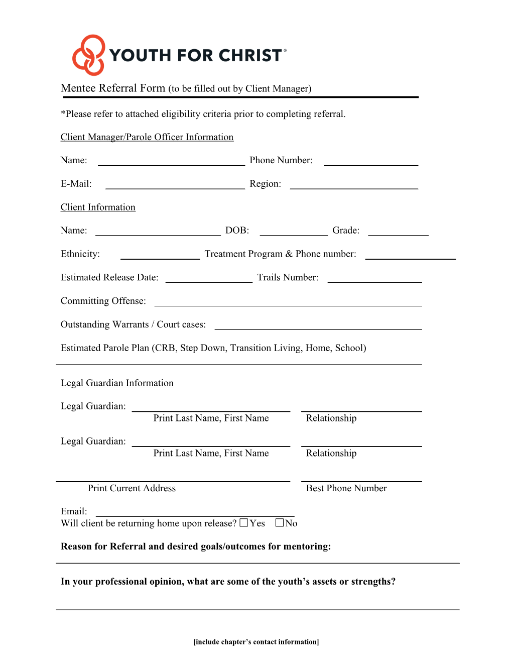 Mentee Referral Form (To Be Filled out by Client Manager)