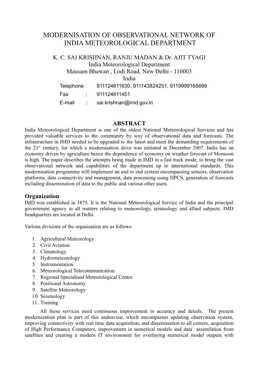 Modernisation of Observational Network Of