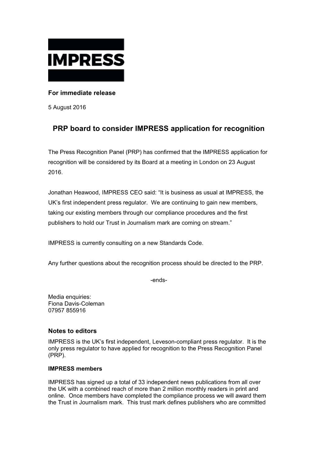 PRP Board to Consider IMPRESS Application for Recognition