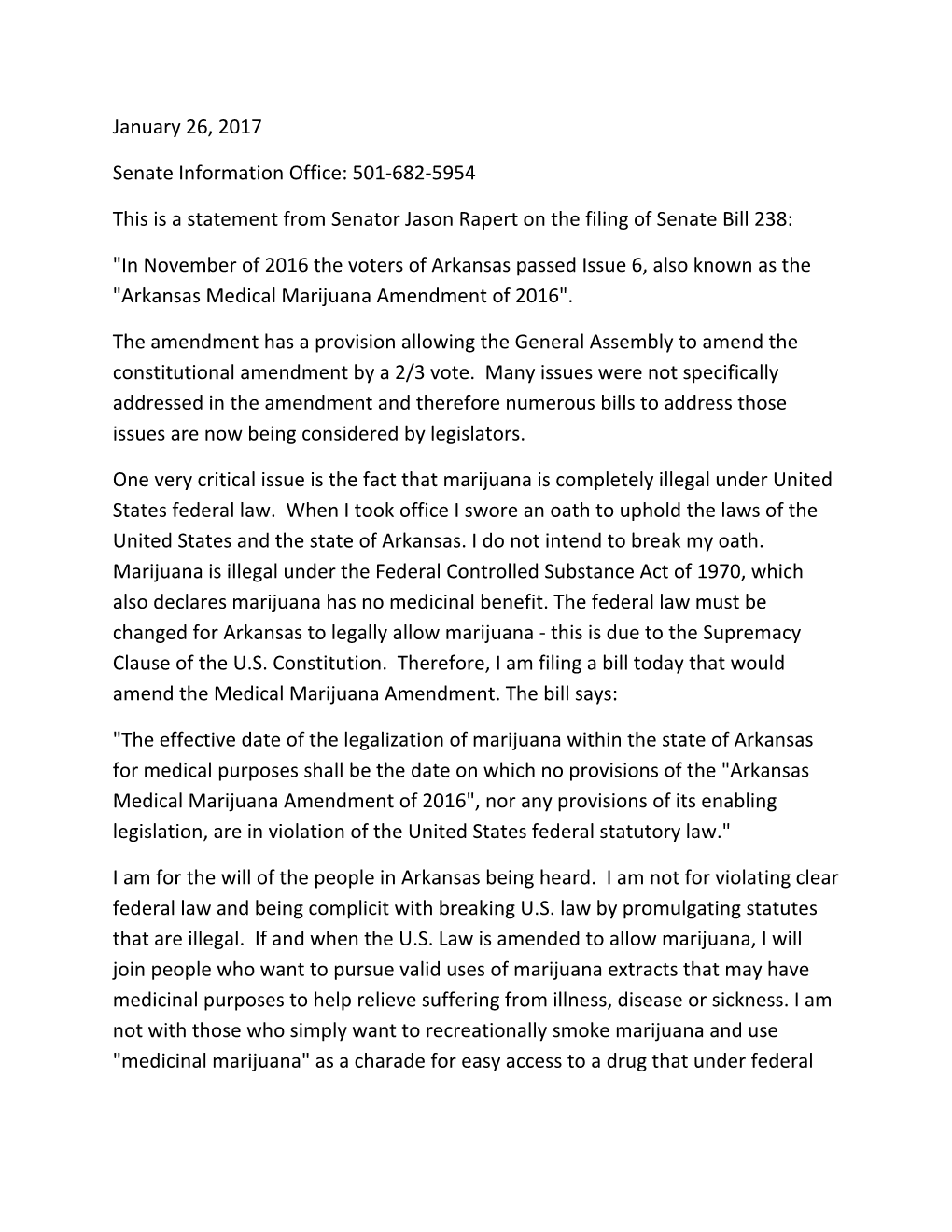 This Is a Statement from Senator Jason Rapert on the Filing of Senate Bill 238