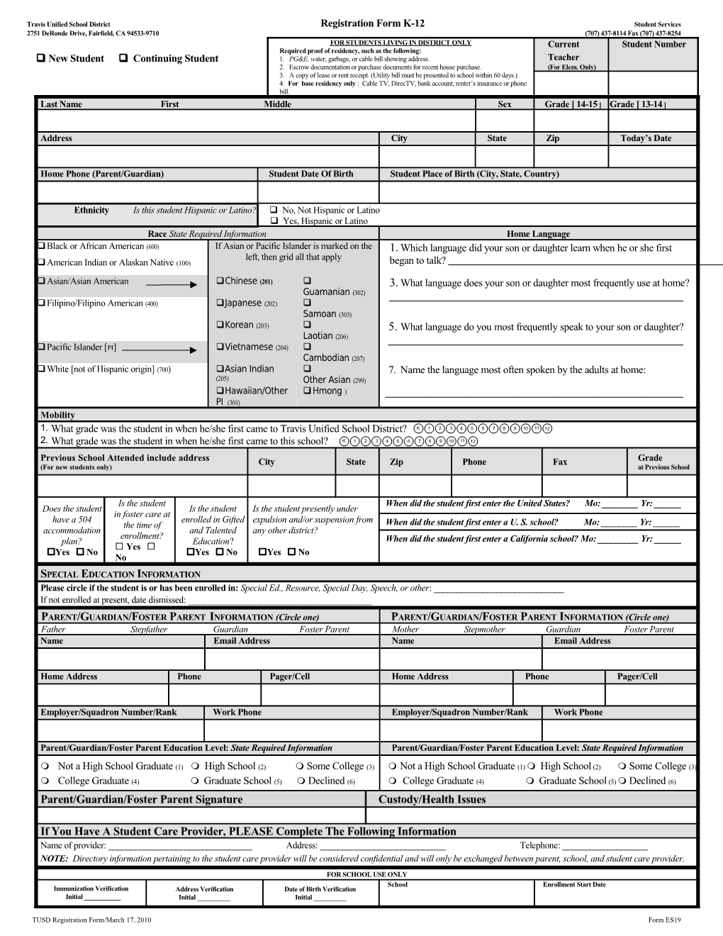 Travis Unified School District Registration Form K-12Student Services