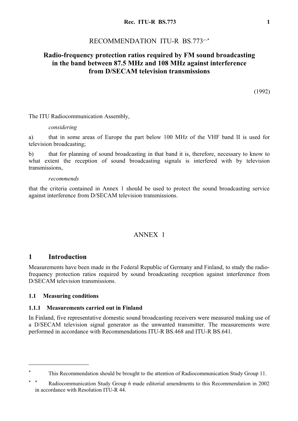 RECOMMENDATION ITU-R BS.773 - Radio-Frequency Protection Ratios Required by FM Sound
