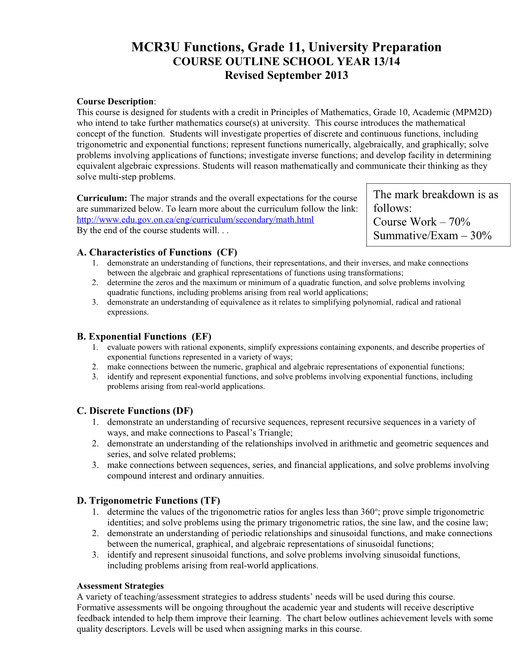 MCR3U Functions, Grade 11, University Preparation