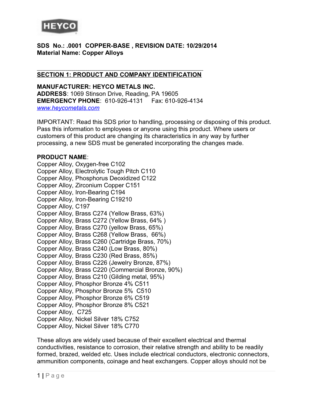 SDS No.: .0001 COPPER-BASE , REVISION DATE: 10/29/2014