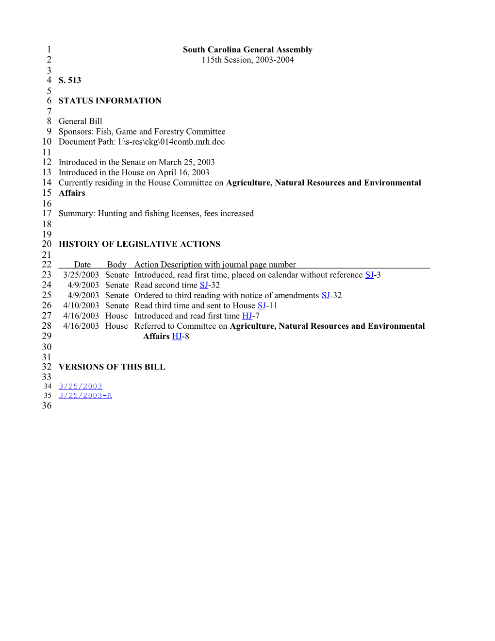 2003-2004 Bill 513: Hunting and Fishing Licenses, Fees Increased - South Carolina Legislature