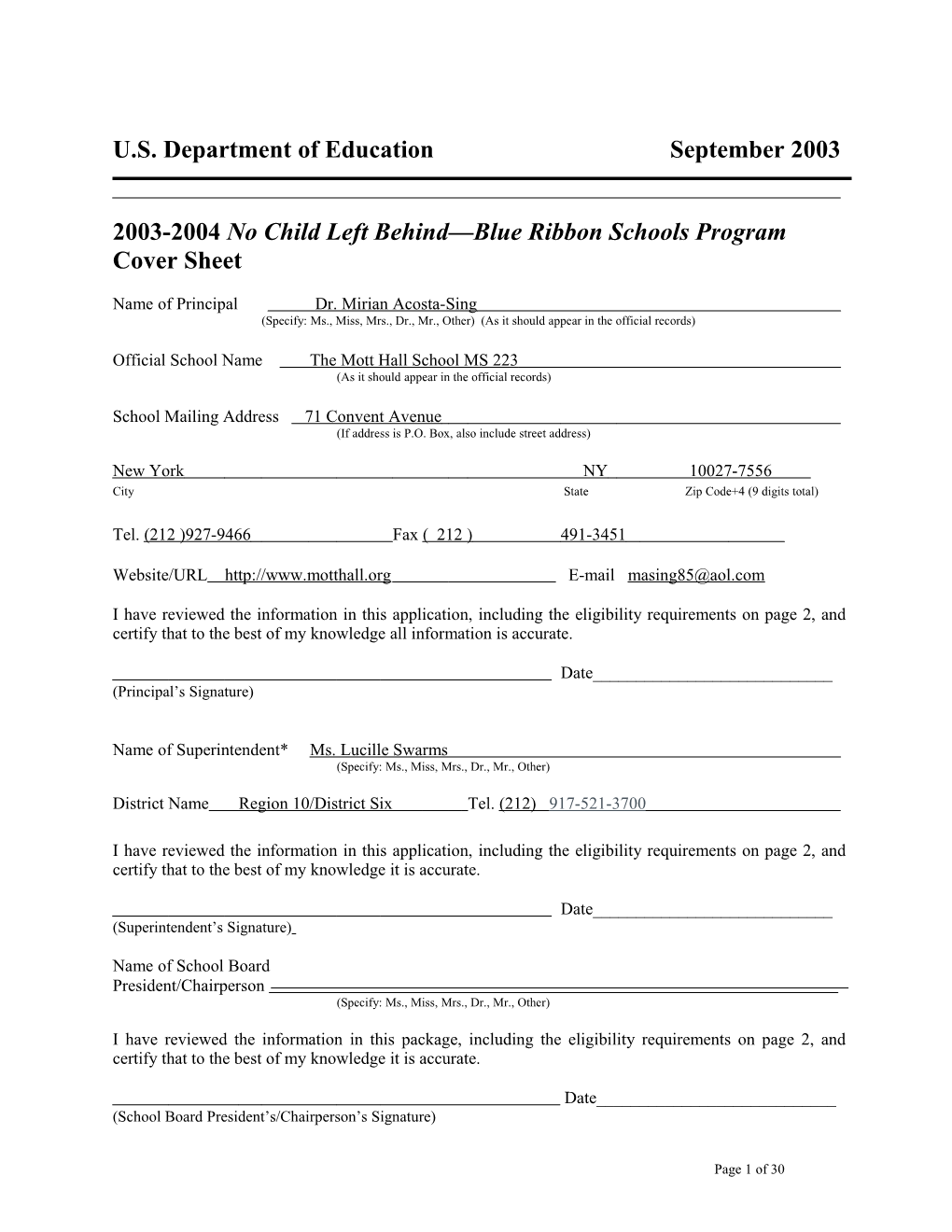 The Mott Hall School MS 223 2004 No Child Left Behind-Blue Ribbon School Application (Msword)