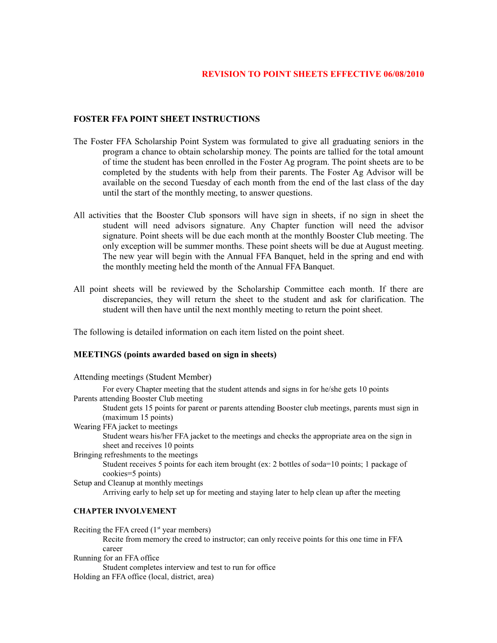 Revision to Point Sheets Effective 06/08/2010