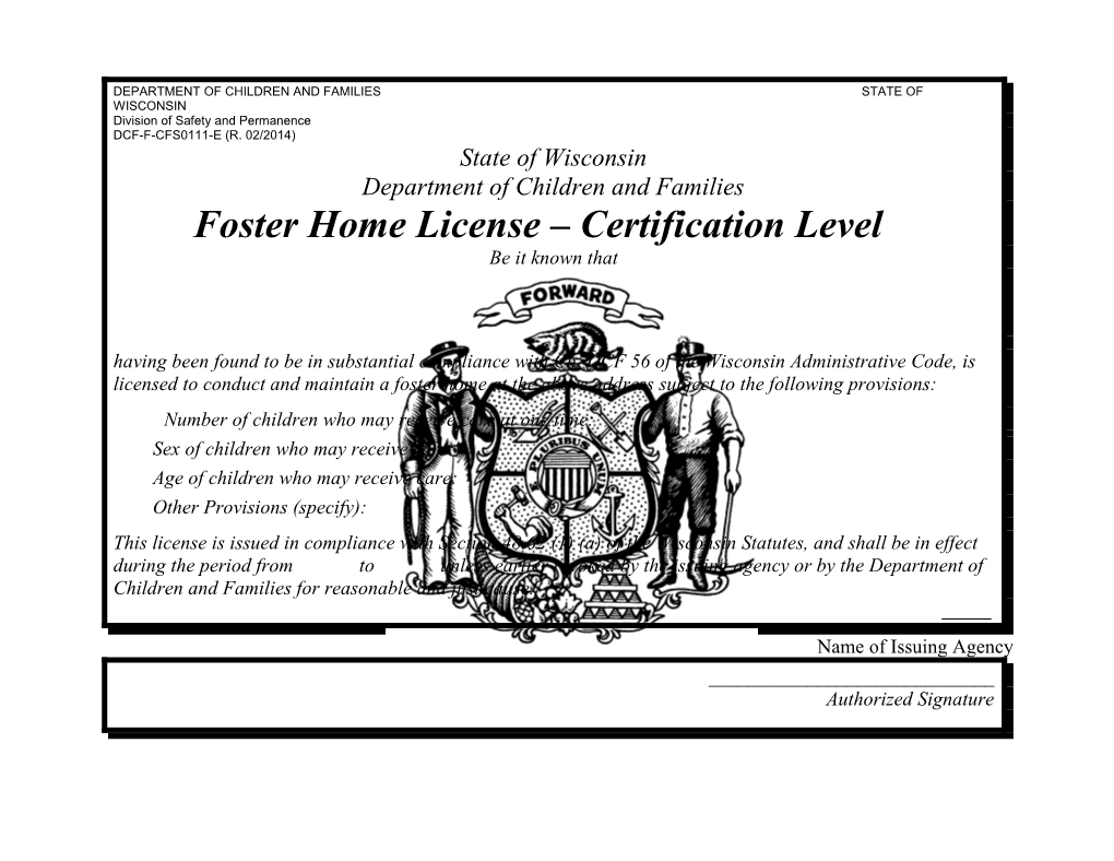 Foster Home License, DCF-F-CFS0111