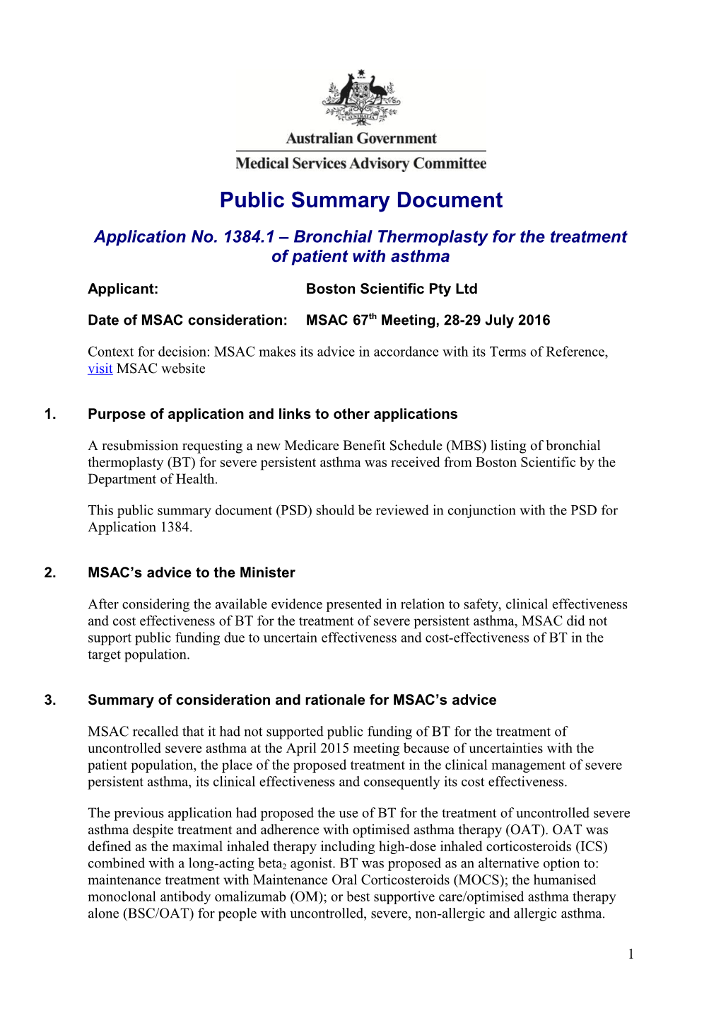 Application No. 1384.1 Bronchial Thermoplasty for the Treatment of Patient with Asthma