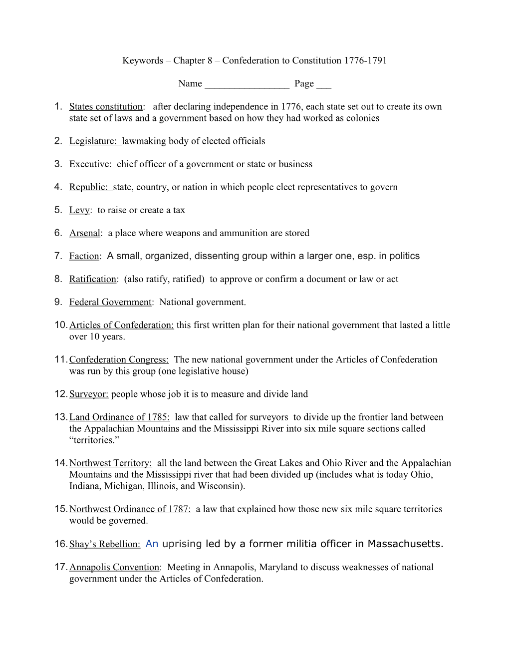 Keywords Chapter 8 Confederation to Constitution 1776-1791