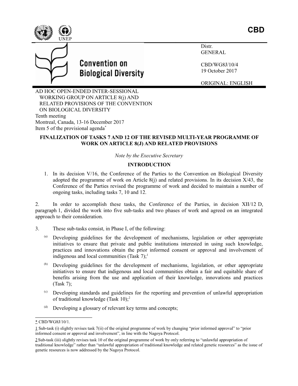 Finalization of Tasks 7 and 12 of the Revised Multi-Year Programme of Work on Article 8(J)