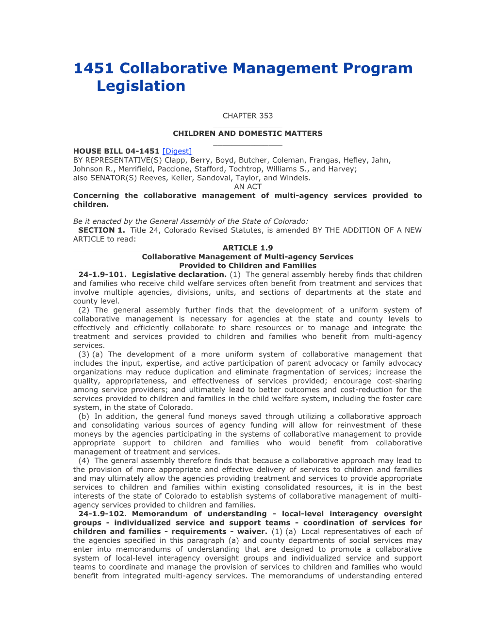 1451 Collaborative Management Program Legislation