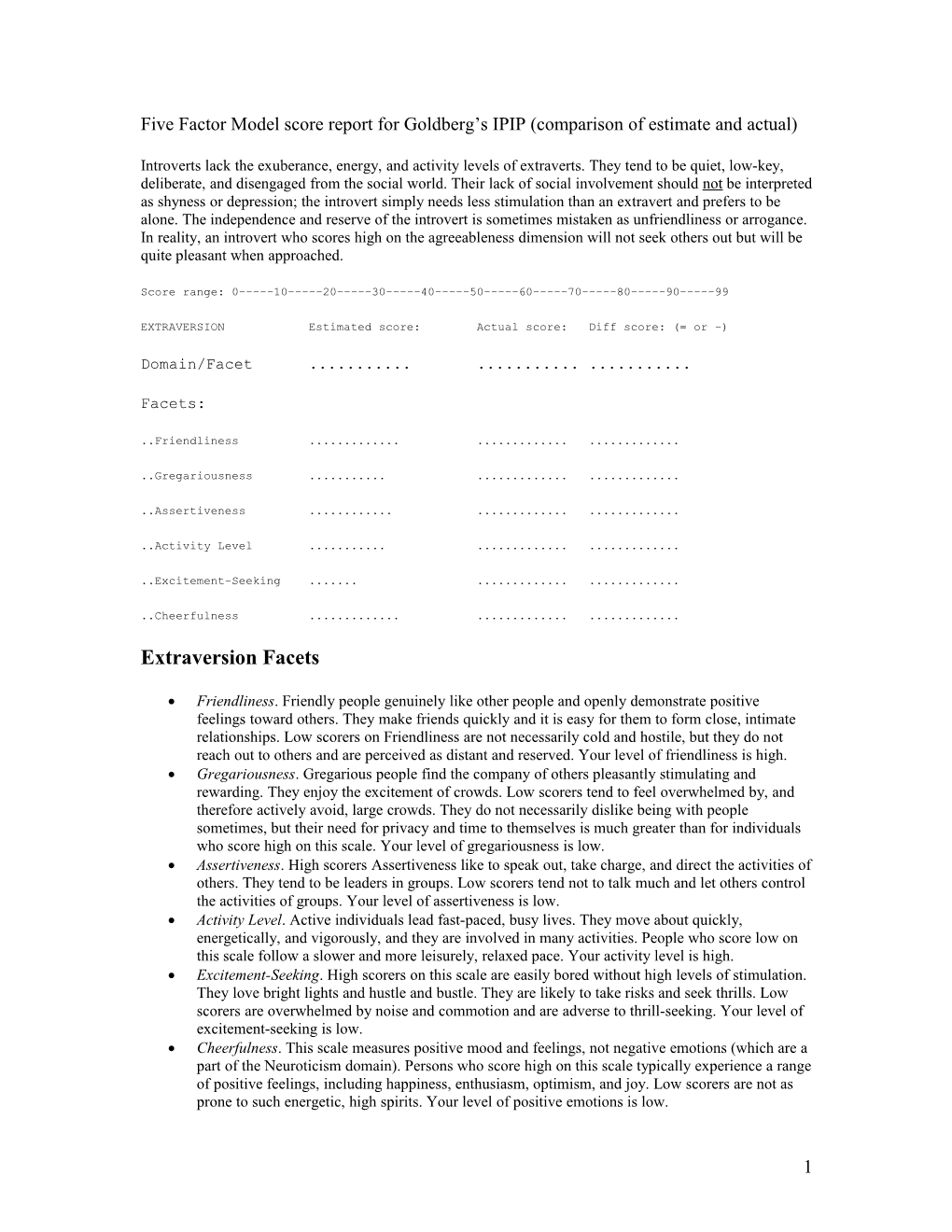 Five Factor Model Score Report for Goldberg S IPIP