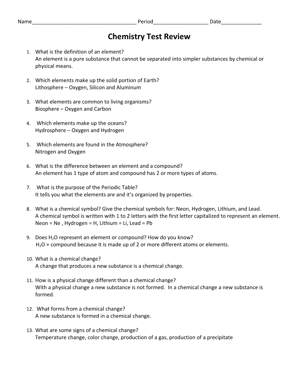 Chemistry Test Review