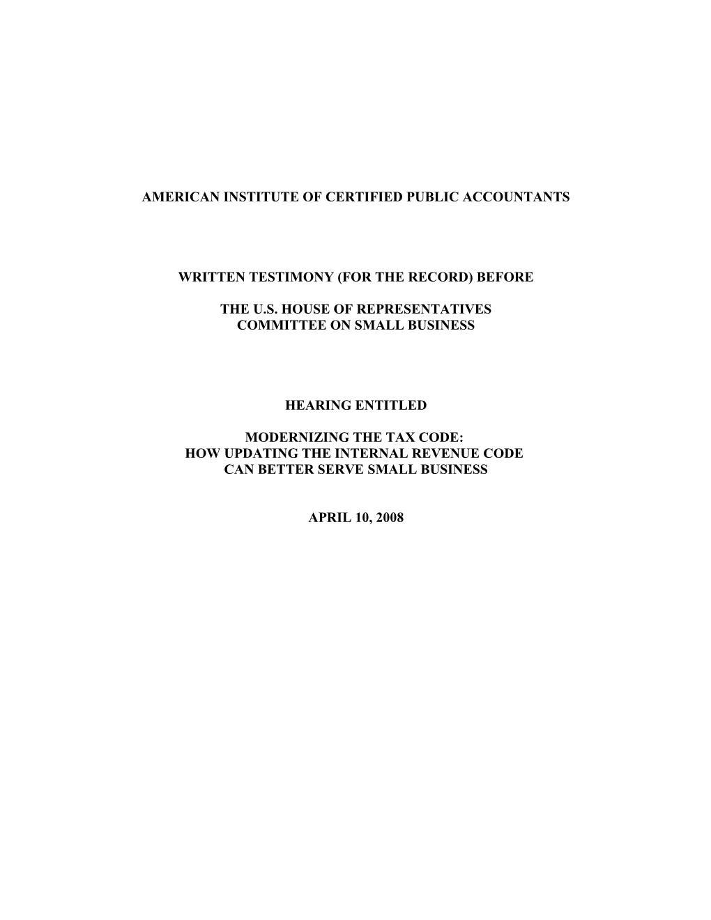 AICPA Written Statement on Estate Tax Priorities for House Small Business Committee Hearing