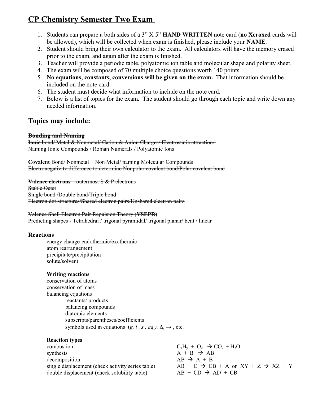 CP Chemistry Semester Two Exam