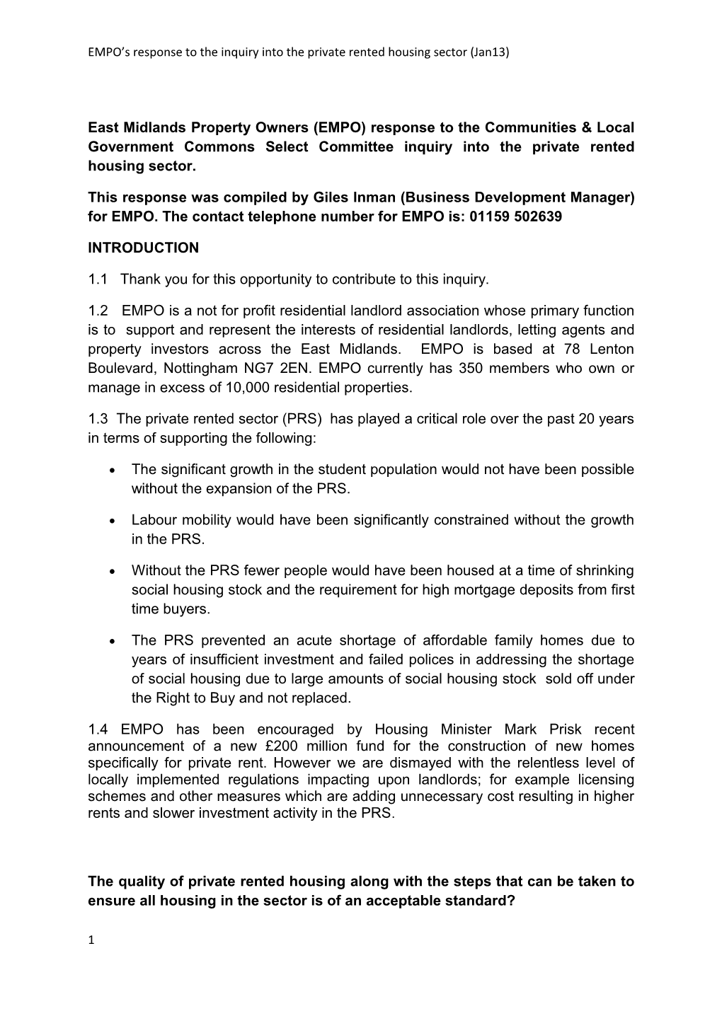 EMPO S Response to the Inquiry Into the Private Rented Housing Sector (Jan13)