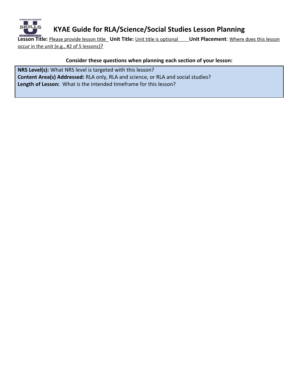 KYAE Guide for RLA/Science/Social Studies Lesson Planning