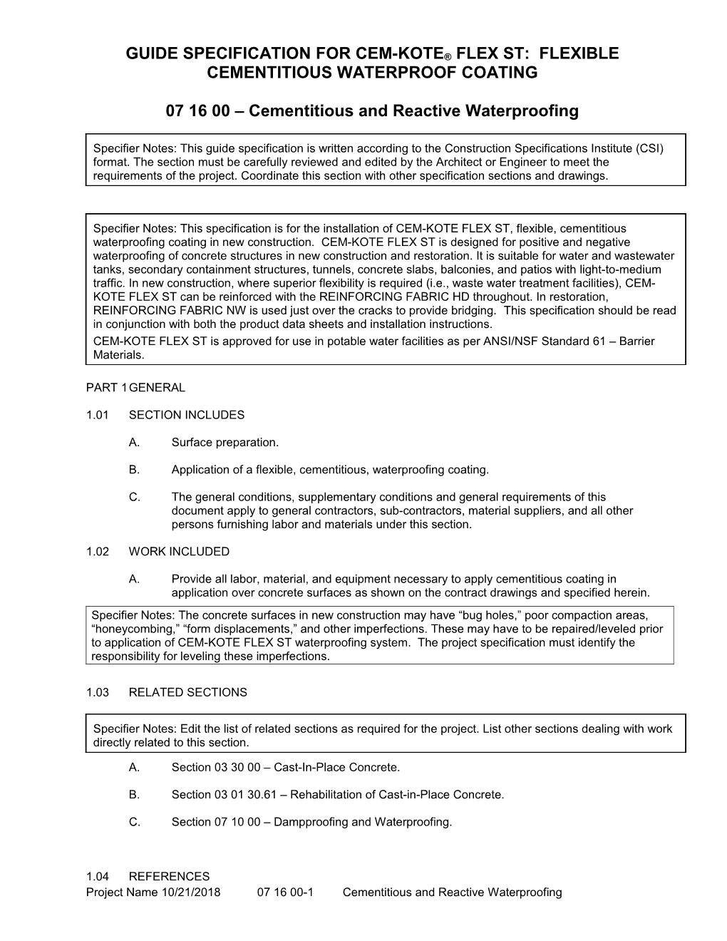 Guide Specification for Cem-Kote Flex St: Flexible Cementitious Waterproof Coating