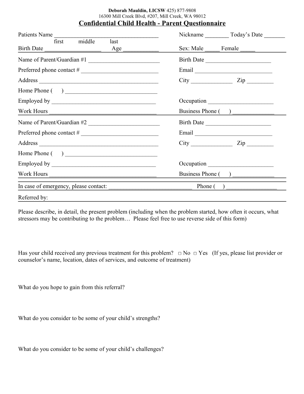 Confidential Child Health - Parent Questionnaire