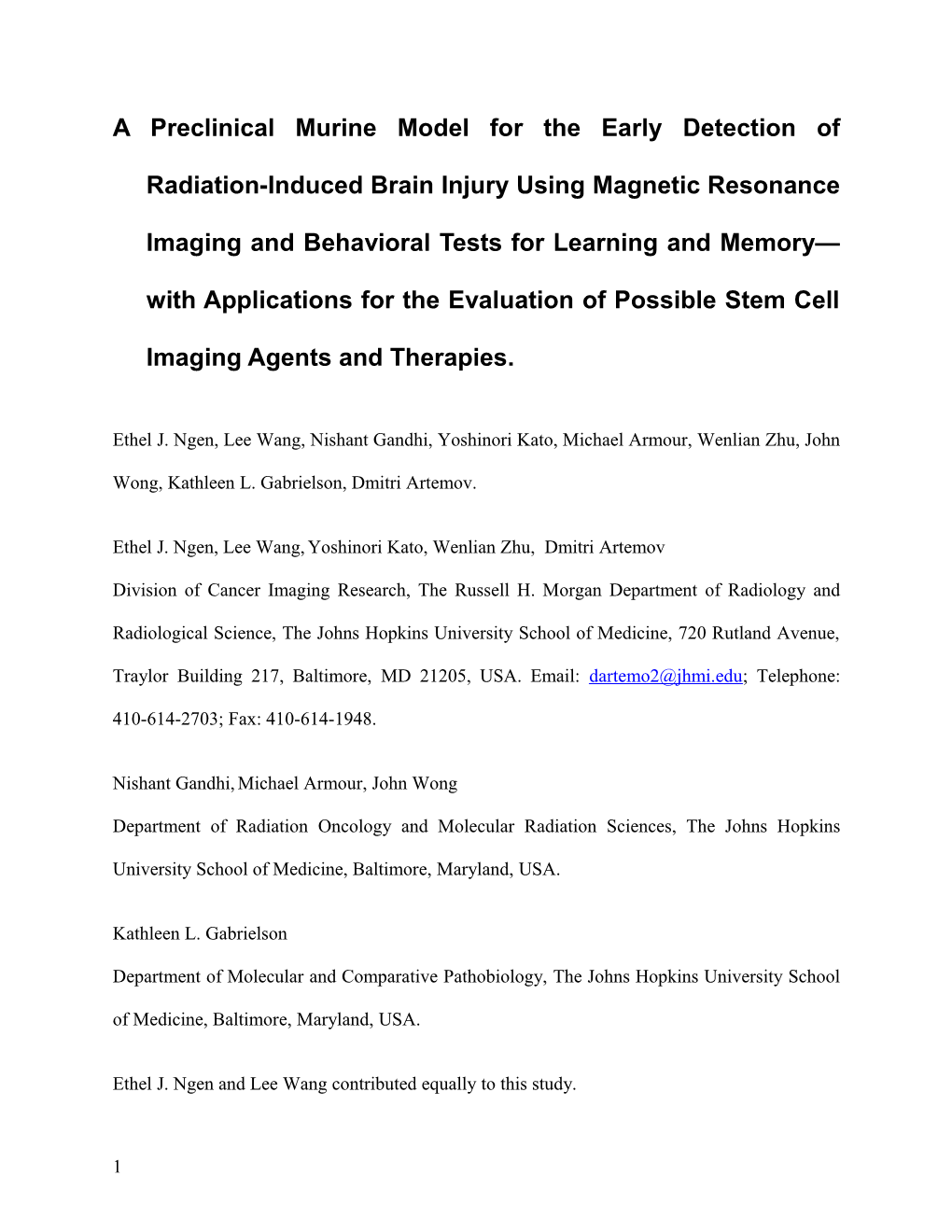 A Preclinical Murine Model for the Early Detection of Radiation-Induced Brain Injury Using