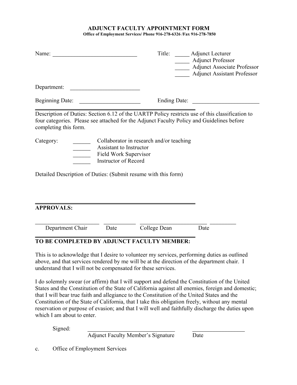 Adjunct Faculty Appointment Form