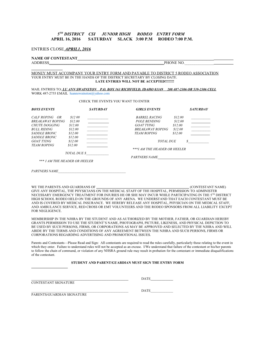 5Th District Finals Jerome High School Rodeo Entry Form