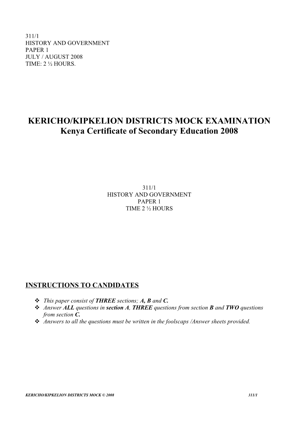 Kericho/Kipkelion Districts Mock Examination