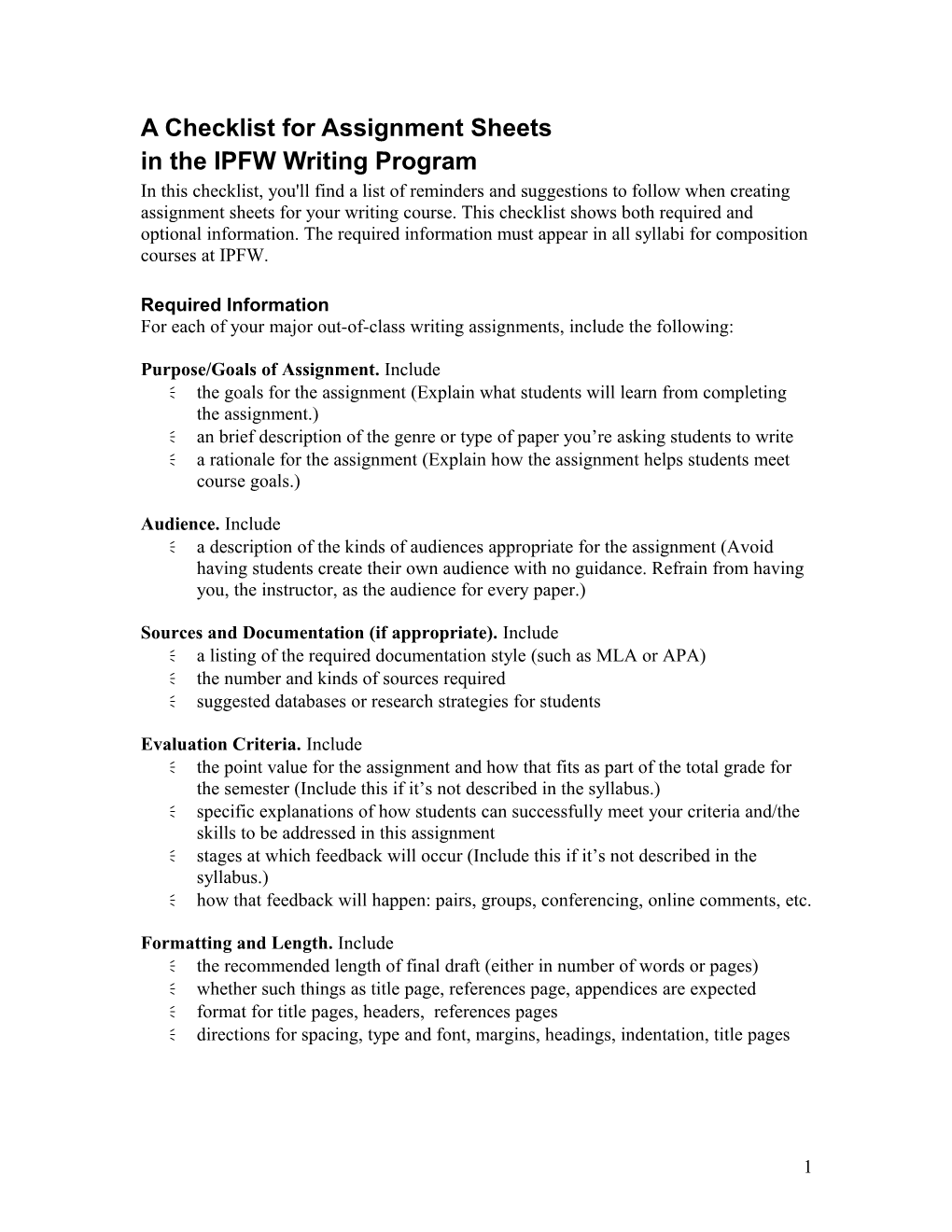 A Checklist for Assignment Sheets in the IPFW Writing Program