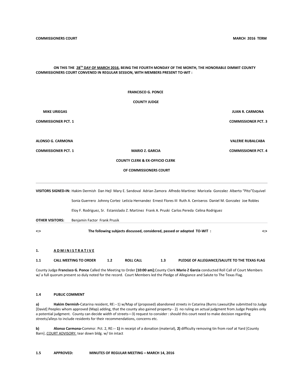 Commissioners Court March 2016 Term