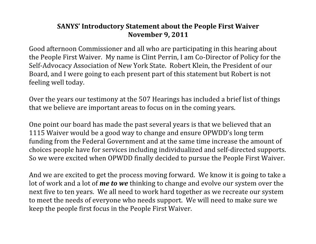 SANYS Introductory Statementabout the People First Waiver