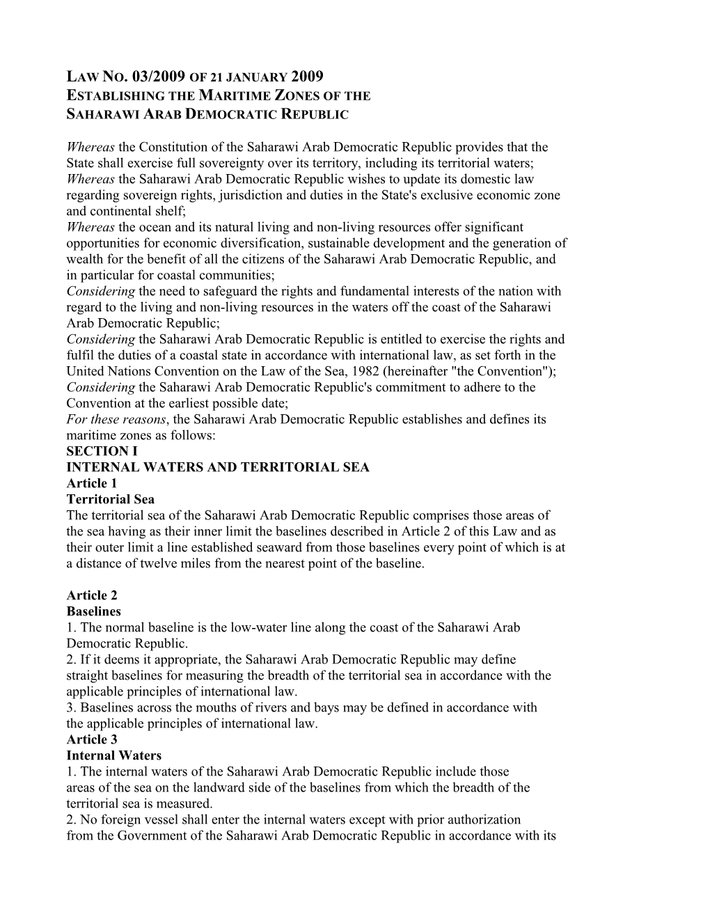 Law No. 03/2009 of 21 January 2009 Establishing the Maritime Zones of the Saharawi Arab